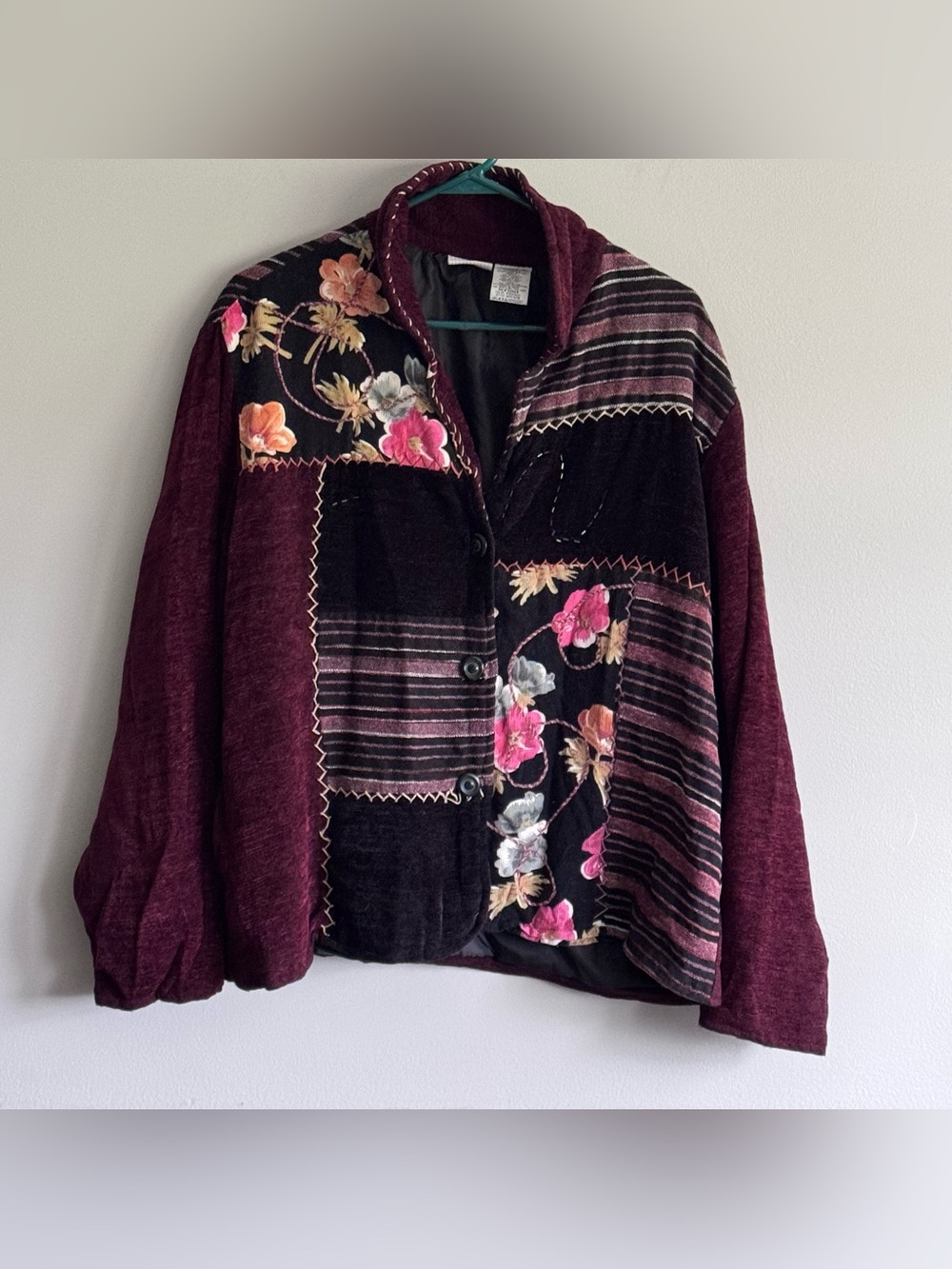 Vtg White Stag Boho Patchwork Floral Chenille Jacket Size XL